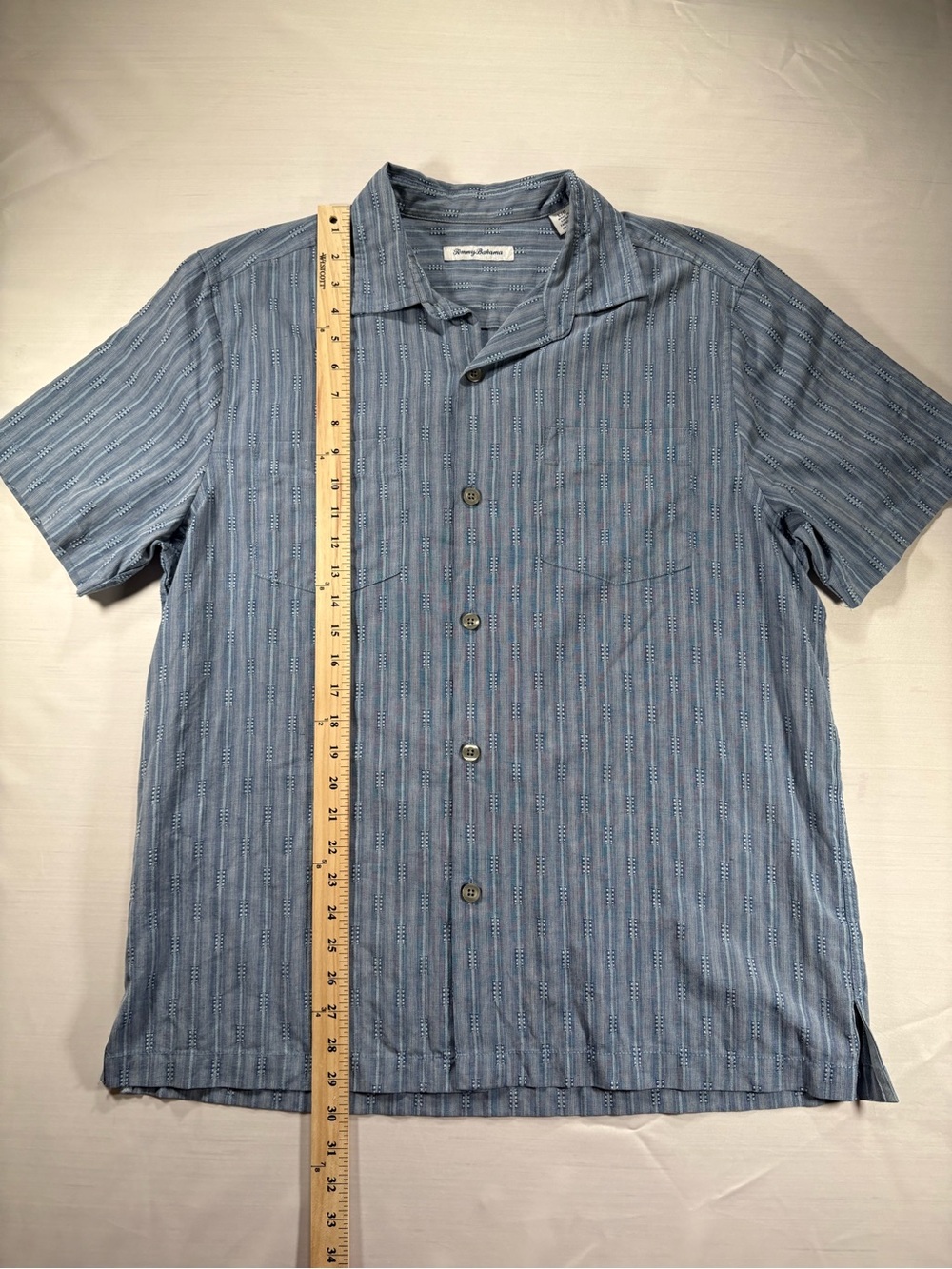 Tommy Bahama Mens L Blue Silk Blend Textured Striped Short Sleeve Shirt - Picture 7 of 8